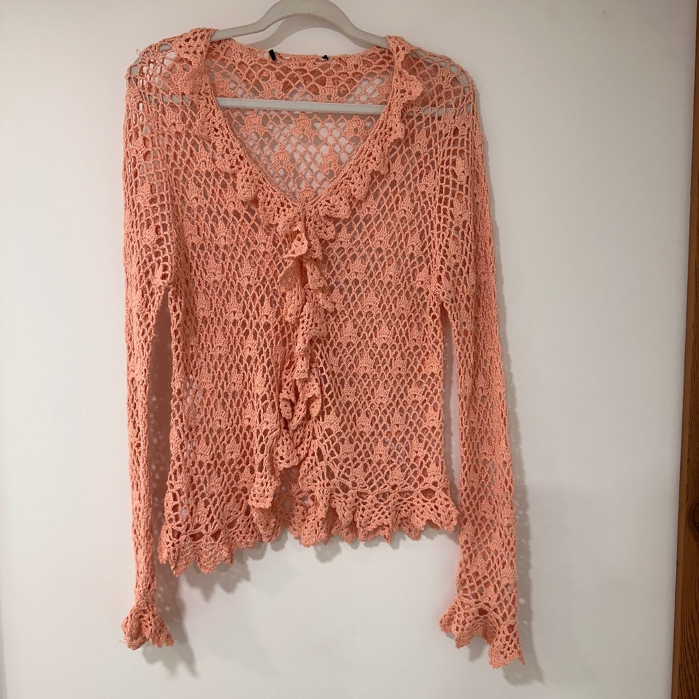 Mermaid Crochet Ruffle Cardigan Women Medium Peach Open Knit | Cottagecore